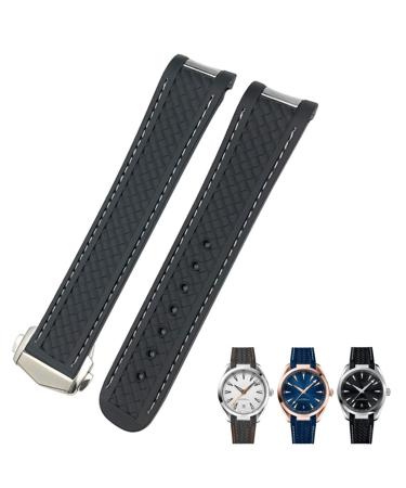 Kkfaus watch bracelet made of rubber with curved end suitable for Omega Seamaster 300 AT150 Aqua Terra 8900 Speedmaster Silicone wrap bracelet 19 mm 20 mm black and white pointed 20 mm