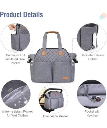 Lekebaby Large Baby Changing Bag - Stylish Nappy Bags for Mom and Dad - Travel Tote with Changing Mat - Quilted Grey - Buy Online on GoSupps.com