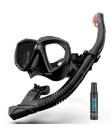 Snorkel Set Adults Snorkeling Gear with Anti-Fog Spray Silicone, Adults Adjustable Panoramic View Swim Mask Dry Top Snorkel Kit, Snorkeling Diving Swimming Travel, Tempered Glass Scuba Mask Black
