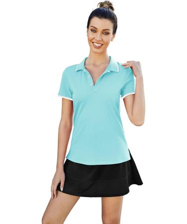 LUYAA Women's Golf Polo Shirt | Short Sleeve Collared V Neck Tunic Top - Light Blue - Buy Online on GoSupps.com