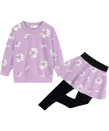 Little Girls Clothing Set Floral Print Outfit Long Sleeve Heart Print Sweatshirt Tops and Leggings Skirt 7-8 Years 1# Flower