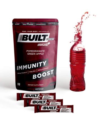 Built Boost Immune+ 18 Pack Natural Energy Drink Mix - 100% of 14 Daily Vitamins - Immune Support and Sustained Energy - Caffeine Free, Gluten Free and Zero Calories (Pomegranate Green Apple) Immune Plus Pomegranate Green …