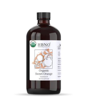 HBNO Organic Orange Oil - Huge 16 oz (475ml) Large Size - Ideal for Diffusers Cleaning Agents Deodorizers and Flavoring Agents (Glass Bottle).