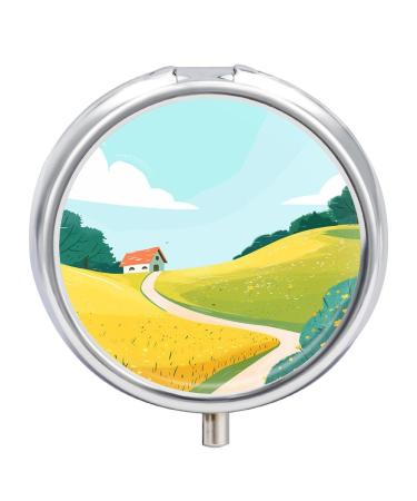 Pill Box Pill Case 3 Compartment Travel Pill Box Sunny House Field Printing Small Pill Box Portable Medicine Pill Case Pill Organizer for Purse & Pocket for Travel Handbag (Round)