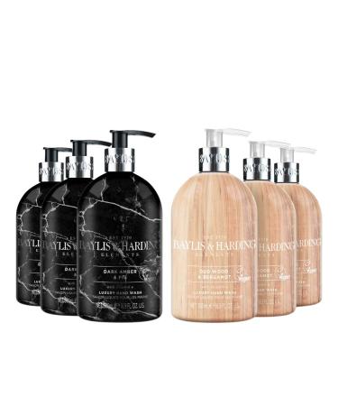 Baylis & Harding Elements Hand Wash Bundle: 3 x 500 ml Dark Fig & Amber & 3 x 500 ml Oud Wood & Bergamot (6 bottles) - Vegan Friendly Hand Wash Bundle 5