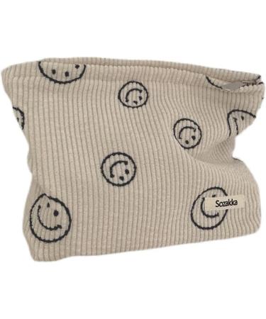 Smiley Face Makeup Bag, Aesthetic Preppy Makeup Bag, Corduroy Cosmetic Bag for Purse, Cute Smile Dots Makeup Pouch with Zipper for Women Toiletry Travel Girls A-Beige