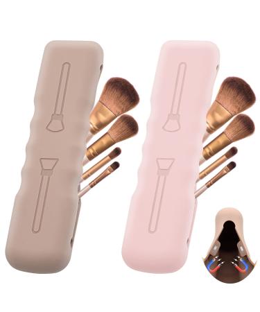 Hydream 2Pack Makeup Brush Holder Travel Silicone Makeup Brush Case Bag Cute Soft Portable Cosmetic Brushes Holders Magnetic Closure Waterproof Makeup Brushes Organizer for Traveling-Pink Khaki