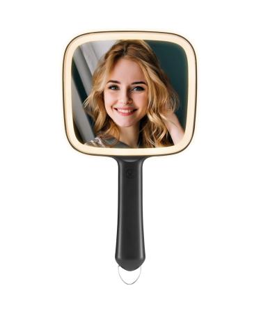 MIRRORNOVA Hand Mirror with Light  3 Adjustable Lights Make-up Mirror with Handle  Square  Black  6.2 x 11 x 0.5 inch