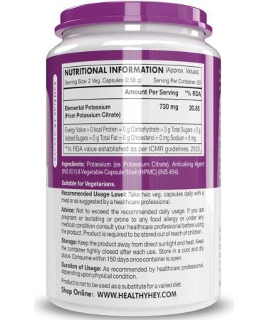 Generic (Pack of 2) HH Potassium Citrate 730mg (120 Veg Capsules Each) 100% Herbal with Known Side Effects - by Venus.Exports - Buy Online on GoSupps.com