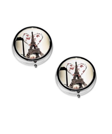 (Eiffel Tower Love Paris) Round Pill Box 3 Compartment Pill Box Mini Decorative Pocket Purse Portable Travel Medicine Tablet Vitamin Holder Organizer Pill Case
