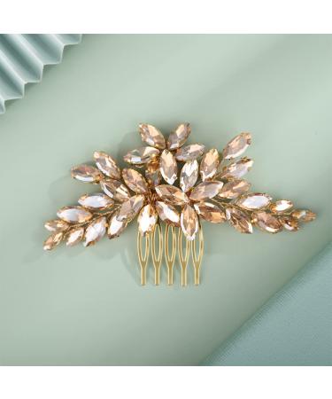 Kercisbeauty Champagne Crystal Beads Gold Hair Comb for Wedding Bridal Shower Handmade Hair Jewelry Girls Prom Hairpiece (Champagne)