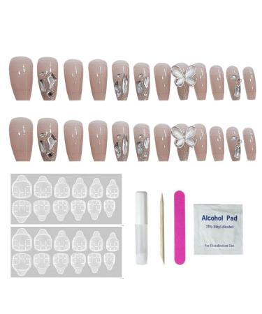 Long Press on Nails French Tip Fake Nails with 3D Butterfly Rhinestones Designs Glossy Full Cover Acrylic Nails for Women Style 1 Long Press On Nails
