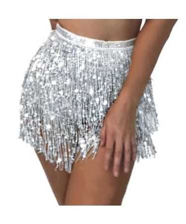 Kakaco Women Belly Dance Skirt Sequin Fringe Skirts Sparkly Hip Scarf Skirt Fashion Party Skirt Costume A-silver