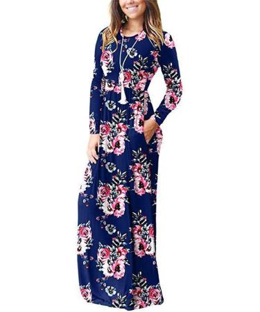 Shop Women's Casual Summer Maxi Dress - Long Sleeve U-Neck Loose Swing with Pockets Floor Length Beach Dress in 3XL Blue - Buy Online on GoSupps.com