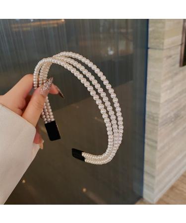 KIMUWHI 3 RowsPearl Headbands for Women White Bling Faux Pearl Bling Hairbands Bridal Hair Hoop Wedding Hair Accessories for Women Girls