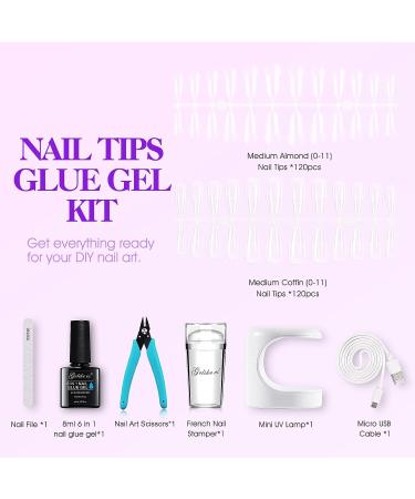 Gelike EC Soft Gel Nail Kit with LED Lamp - French Tip Nail Stamp DIY Extension Set in Almond & Coffin Shape - Buy Online on GoSupps.com