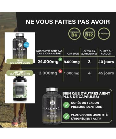 Black Maca Extra Strong 24000mg - 120 Capsules - Black Maca Extract 20:1 Improves Performance Men and Women Macca L-Arginine Zinc Vitamin B6 and B12 for Fighting Fatigue and Stress Oxidant - Buy Online on GoSupps.com