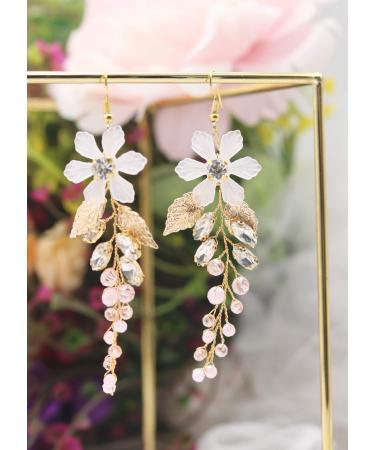 Kercisbeauty Bridal Bridesmaide White Flower and Pink Crystal Cute Leaf Earrings for Wedding and Prom Gold