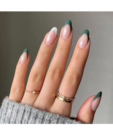 24pcs Short Oval False Nails French Tip Stick on Nails Green Edge Press on Nails Removable Glue-on Nails Fake Nails Acrylic Full Cover Nails Women Girls Nail Art Accessories 0199Y71