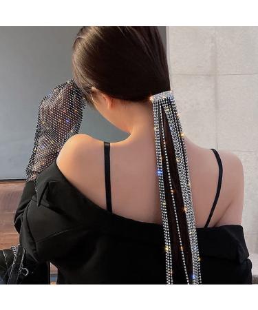 fdsmall Rhinestone Hair Chain Long Chain Tassel Hairwear Shiny Hairpin Ponytail Hair Accessories for Women and Girls silver