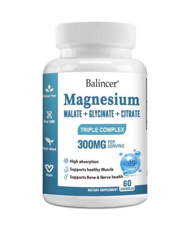 Triple Magnesium Complex 300 mg Magnesium Glycinate Malate Citrate for Easy Absorption Magnesium Complex Supplement Support Muscle Nerves Energy and Heart Health Non-GMO 60 Capsules