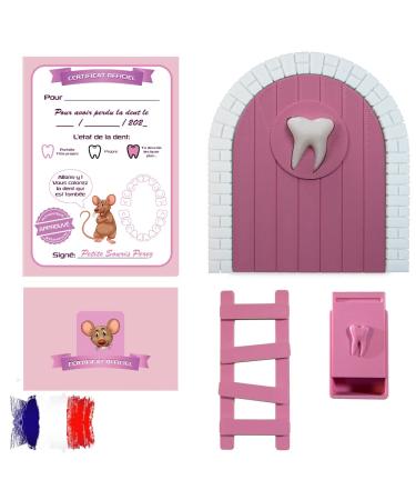 Myfuturshop Baby Tooth Door for Baby Mouse + Tooth Box Ladder + 4 Clean Tooth Certificates Gift for Boys and Girls French Version (Pink)