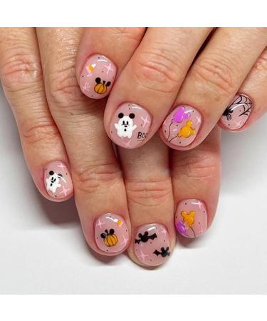 24 Pcs Halloween Press on Nails Short Square - YEFIUO Pink Cute Fake Nails Press ons Nail Tip Full Cover False Nails with Bear Bat Spider Web Designs Glue on Nails Kit Acrylic Nail Art DIY for Women Style D15