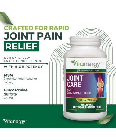 Vitanergy Joint Pain Relief - High Potency MSM & Glucosamine Supplement - Arthritis Relief Formula - 180 Capsules - Non-GMO Dairy-Free Clean Ingredients - Made in Canada - 1.5 Month Supply - Buy Online on GoSupps.com