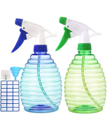2 Mister Spray Bottles, 16.9oz/500ml Adjustable Spray Storage Containers for Hair, Plant and Home Cleaning, with 1 Foldable Mini Funnel, 1 Adhesive Hook, 24 Labels Blue and Green