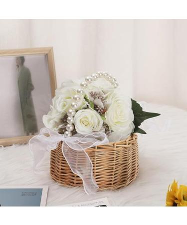 Wicker Rattan Flower Girl Basket with Pearl Handle and Bow Hand Woven Wicker Basket Candy Basket with Ribbon for Wedding - Buy Online on GoSupps.com