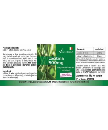 Lecithin 500 mg - 60 Softgels | Standardized 10% Phosphatidylcholine | Safe Dosage | Buy Online at Vitamintrend - International Shipping Available - Buy Online on GoSupps.com