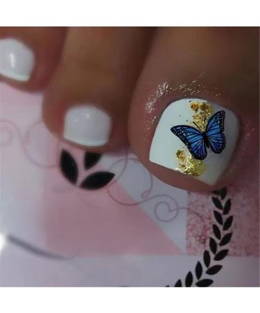 VOTACOS French Tip Press on Toenails Press on Nails Short Square 24PCS Fake Toeails with Butterfly Designs Nude Full Cover Glossy Toe Fake Nails Acrylic Toenails for Women Toe Nail X36 D8 Butterfly