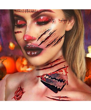 Zombie Makeup Halloween Kit - 11 Unique Sheets Fake Blood, Scar Tattoos, Vampire Makeup - 61 Pics Fake Scars & Cuts - Buy Online on GoSupps.com