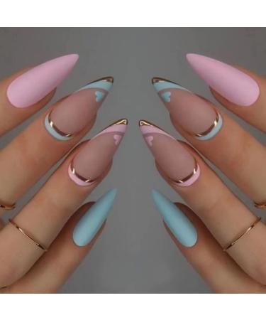 JUSTOTRY 24 Pcs Matte Stiletto Short False Nails with Heart Pattern Pale Pink and Blue French Press on Nails Pretty Fake Nails Short with Nail Glue Almond Medium Stick on Nails for Women pink&heart1
