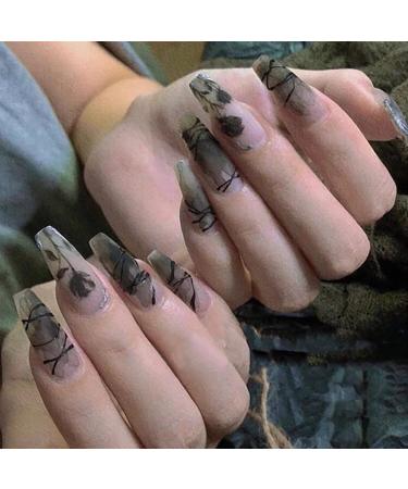 Brishow Halloween Artificial Nails Black Nails to Stick on Ballerina Acrylic Press on Nails Long 24 Pieces for Women and Girls