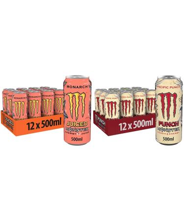 Monster Energy Monarch 12x500 ml one-way can with a mix of peach and nectarine & pacific punch 12x500 ml disposable dose with a mix of raspberry guave and cherry bundle with pacific punch