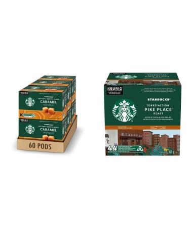 Starbucks Caramel K-Cups Single Serve Keurig Compatible Caramel Flavoured Coffee Pods for Keurig Brewers - 60 Capsules & Pike Place Medium Roast Coffee Single Serve Keurig K-Cup Pods 44 Capsules Caramel + Pike Place Caramel 10 Count (Pack of 6)