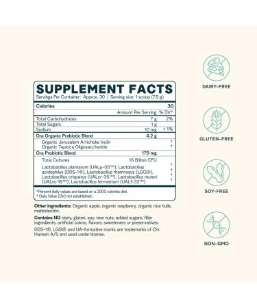 Ora Organic Women's Prebiotic & Probiotic Powder - Vaginal Health & Candida Support | 16 Billion CFU, 6 Strains, Apple Raspberry Flavor - 1 Month Supply - Buy Online on GoSupps.com