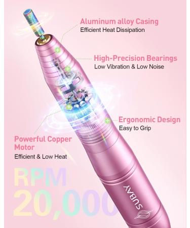 Subay Electric Nail Drill - Portable Nail File Kit for Acrylic & Gel Nails with 6 Bits & 26 Bands - Perfect for Home & Salon Use - Pink - Buy Online on GoSupps.com