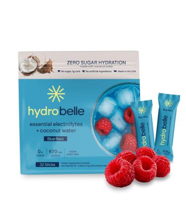 Belle HydroBelle Electrolyte Powder Drink Mix Blue Razz Sugar Free Hydration Packets Made with Coconut Water and Electrolytes Vegan Keto and Dairy Free Travel Friendly 32 Count Blue Razz 0.18 Ounce (Pack of 32)