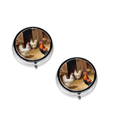 Chicken and Rooster Print Printed Mini Round Pill Box Pill Box 3 Compartment Medicine Pill Case Pill Organizer Travel Pillbox Portable Pill Box for Pocket Home Office Use