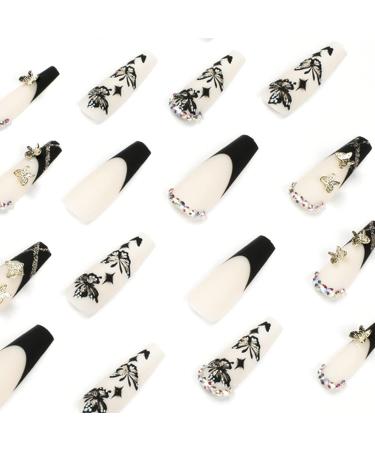 JUSTOTRY 24 Pcs Diamante Butterfly Design Black French Press on Nails - Nude Medium Ballerina Stick on Acrylic Coffin False Nails with Glue for Women - Buy Online on GoSupps.com