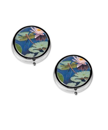 (Dragonfly Painting) Round Pill Box 3 Compartment Pill Box Mini Decorative Pocket Purse Portable Travel Medicine Tablet Vitamin Holder Organizer Pill Case