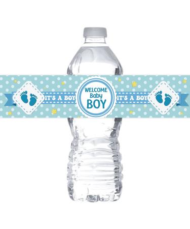 MonMon & Craft Welcome Baby Boy Water Bottle Stickers / Gender Reveal Bottle Wrappers / It's a Boy Water Labels Supplies / Baby Shower Decorations Blue ( Set of 32 )