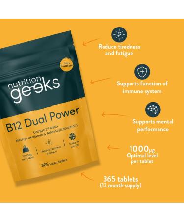Vegan Vitamin B12 Supplement Tablets - 1 Year Supply (365 Tablets) - High Strength 1000mcg Dual Power Complex - Energy Support - UK VIT B12 - Buy Online on GoSupps.com