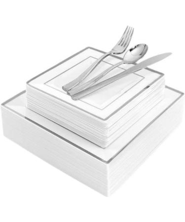 125 Pieces Silver Square Plastic Plates with Silver Rim & Disposable Silverware - include 25 pcs 9.5inch Dinner Plates 25 pcs 6.6inch Dessert Plates 25 Forks 25 Knives 25 Spoons for weddings and parties - Buy Online on GoSupps.com