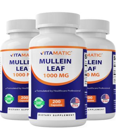 Vitamatic Mullein Leaf 1000mg per Serving - Supports Healthy Respiratory, Bronchial & Immune Function - 200 Capsules - 3 Pack