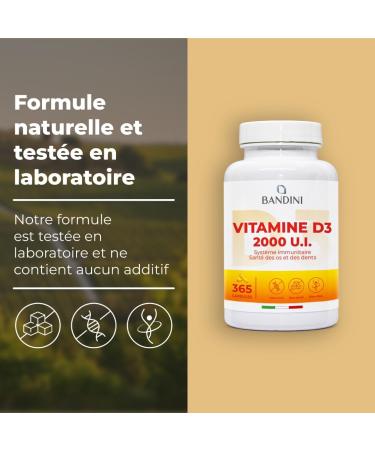 Bandini Vitamin D3 2000 IU 365 Capsules (1 Year) | Vitamin D 50 g with Extra Virgin Olive Oil for Optimal Absorption | Dietary Supplement for Bone Muscular Immune Functions - Buy Online on GoSupps.com