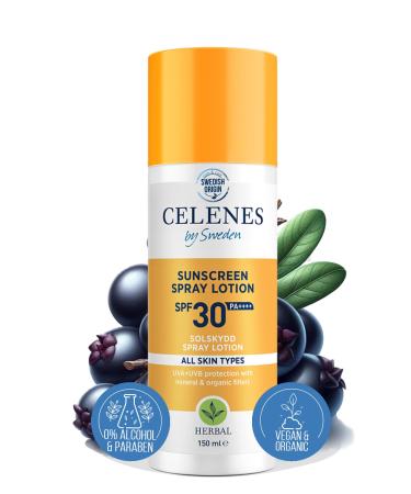 Celenes by Sweden SPF30+ Herbal Sunscreen Spray | Water-Resistant Organic & Mineral No Perfume/Parabens/Alcohol | 150ml | Suitable for All Skin Types