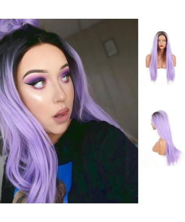 Brown Root Ombre Patel Purple Synthetic Lace Front Wigs for Women Long Straight Lilac Purple Colored Ombre Hair Wigs Synthetic Heat Resistant Fiber Cosplay Wig for Girls Middle Part Dark Roots Ombre Pastel Lilac Purple Color 24 Inch
